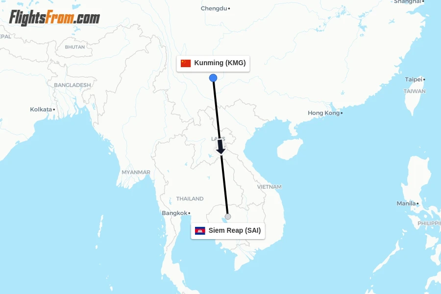 Flights from Kunming to Siem Reap route map