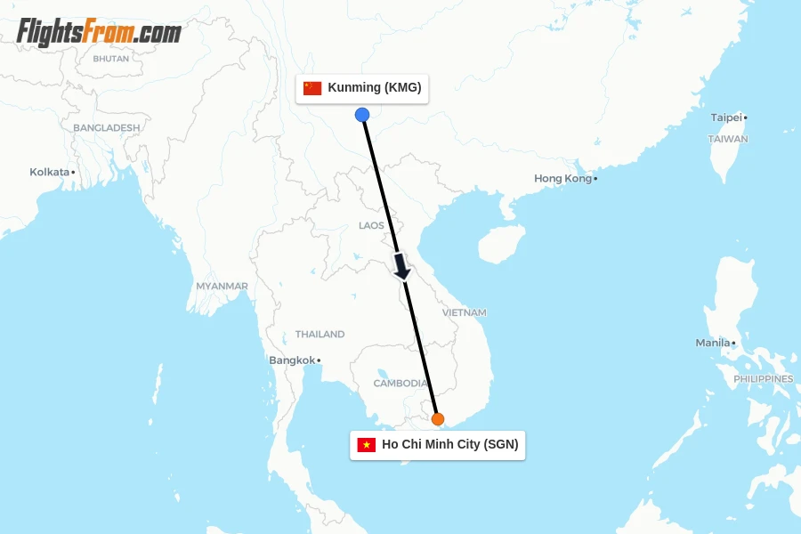 Flights from Kunming to Ho Chi Minh City route map