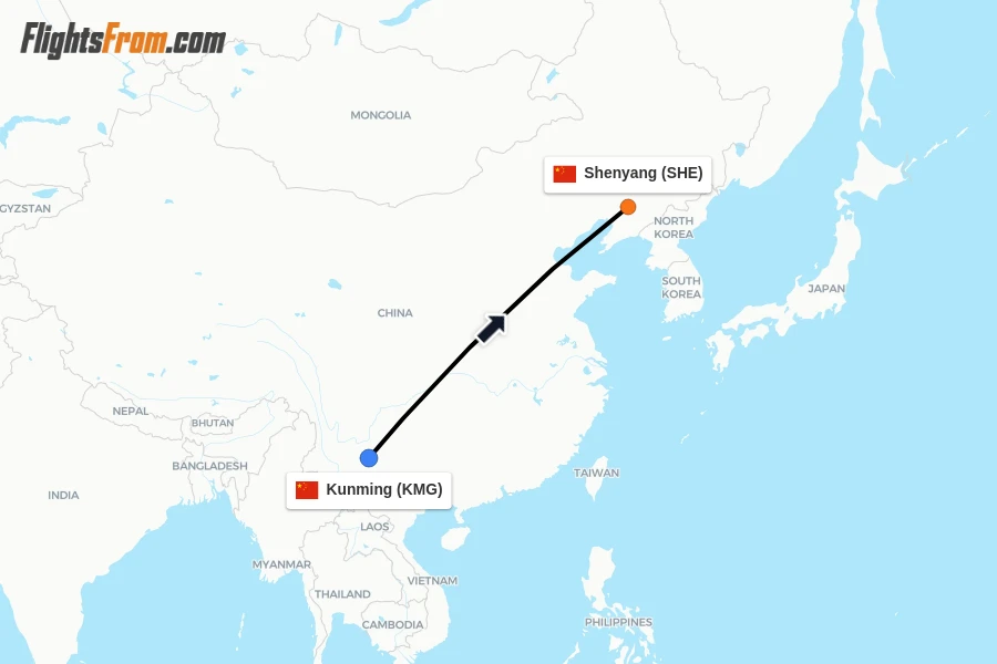 Flights from Kunming to Shenyang route map
