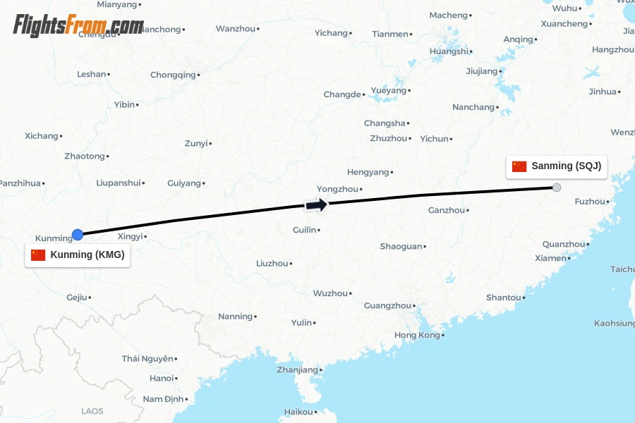 Flights from Kunming to Sanming route map