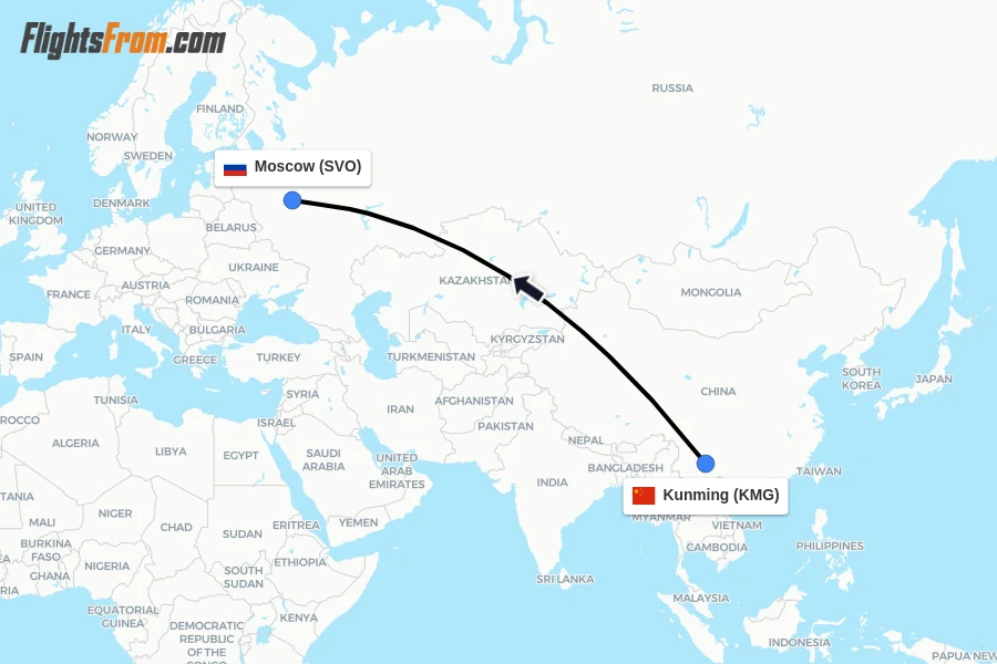 Flights from Kunming to Moscow route map