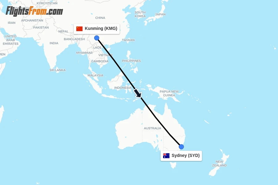Flights from Kunming to Sydney route map