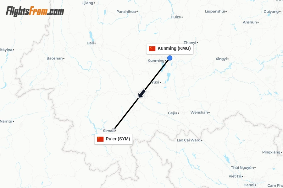 Flights from Kunming to Pu'er route map
