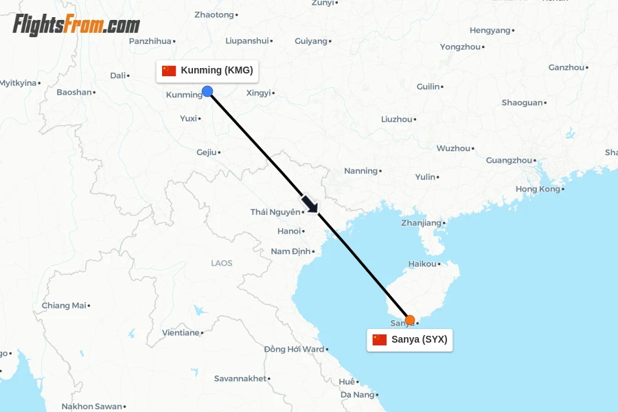 Flights from Kunming to Sanya route map