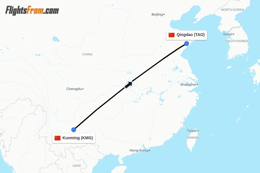 Flights from Kunming to Qingdao route map