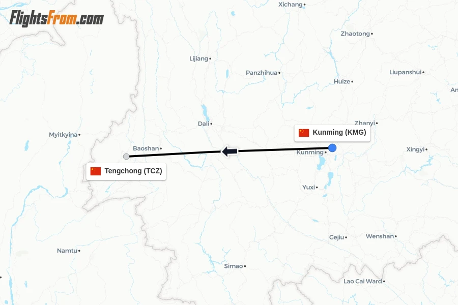 Flights from Kunming to Tengchong route map
