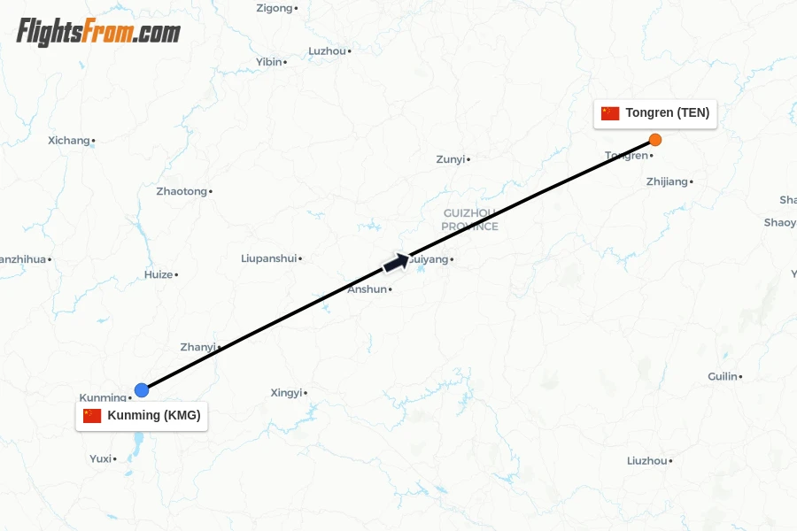 Flights from Kunming to Tongren route map