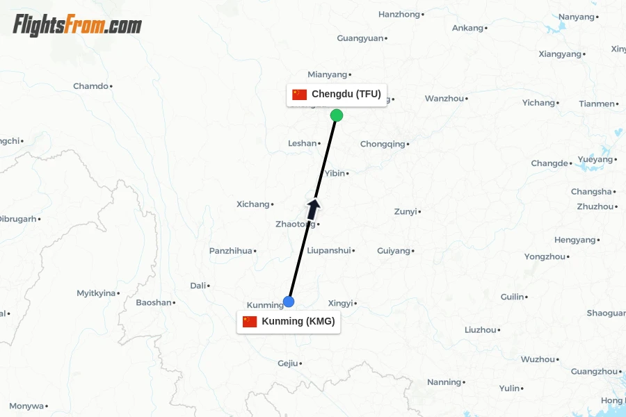 Flights from Kunming to Chengdu route map