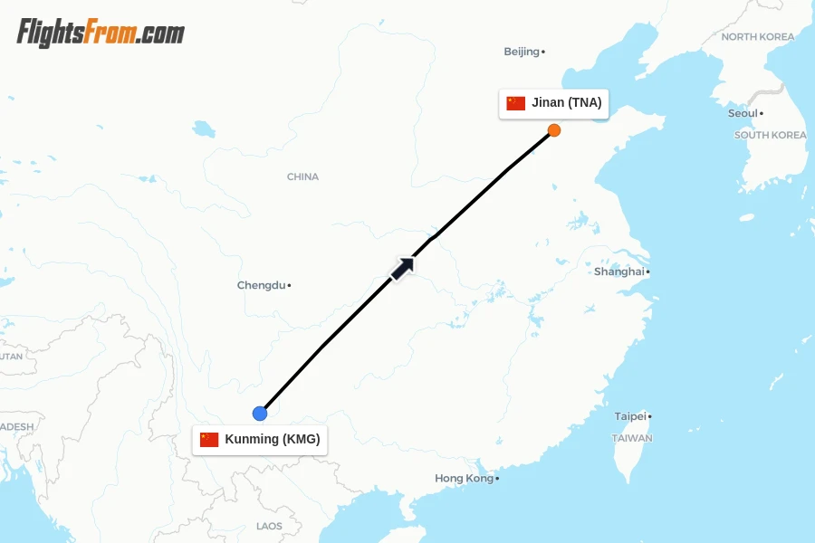 Flights from Kunming to Jinan route map