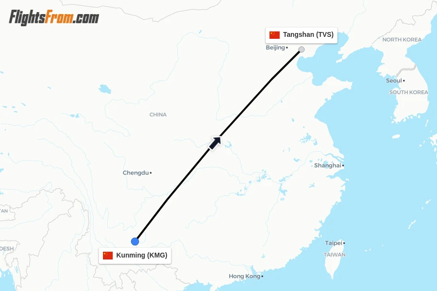 Flights from Kunming to Tangshan route map