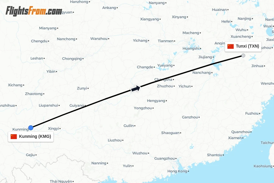 Flights from Kunming to Tunxi route map