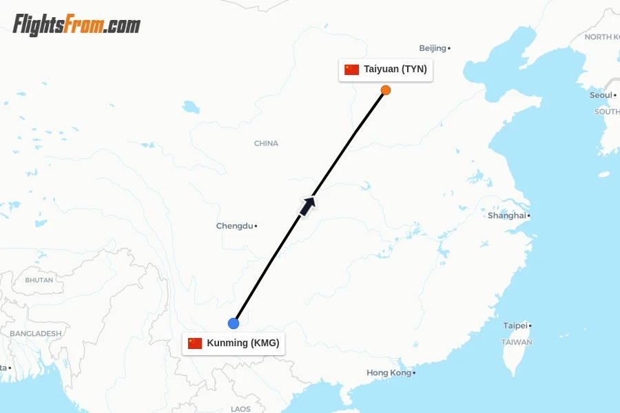 Flights from Kunming to Taiyuan route map