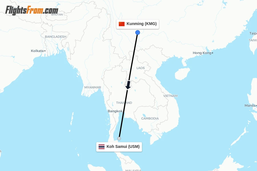 Flights from Kunming to Koh Samui route map
