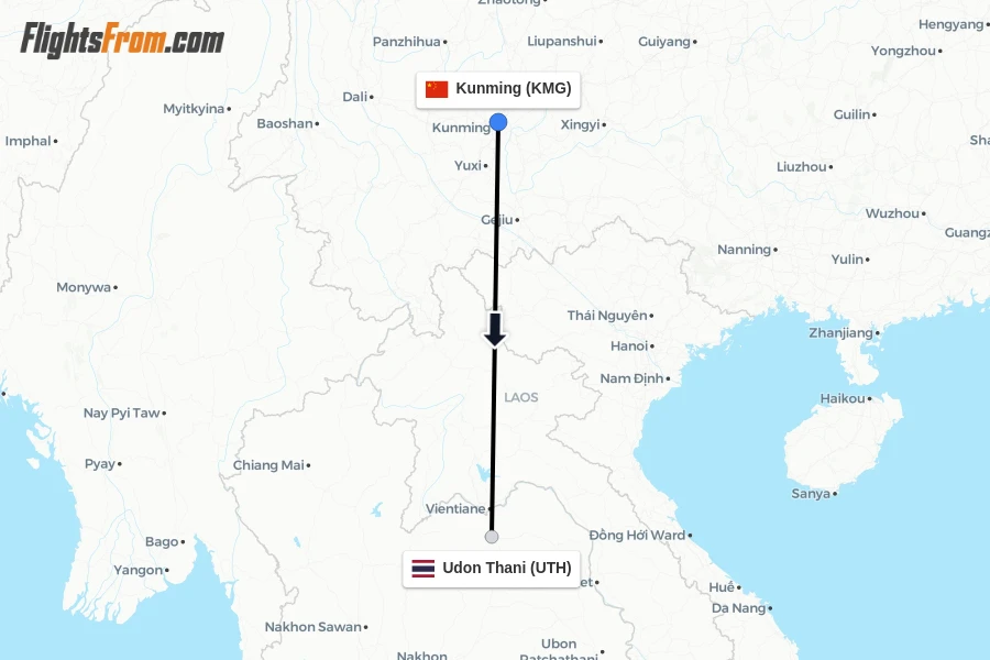 Flights from Kunming to Udon Thani route map
