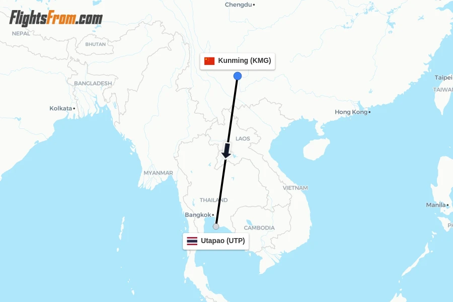 Flights from Kunming to Utapao route map