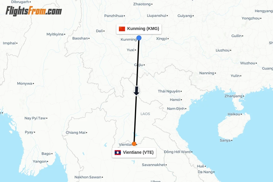 Flights from Kunming to Vientiane route map