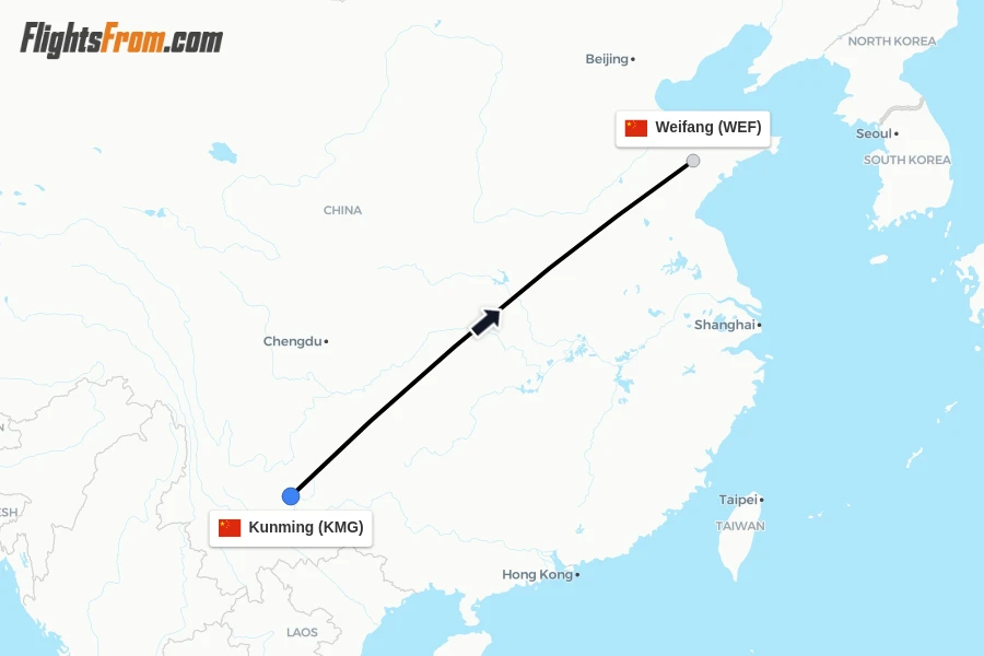 Flights from Kunming to Weifang route map