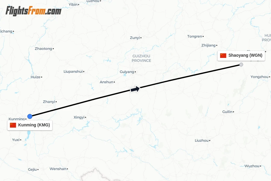 Flights from Kunming to Shaoyang route map