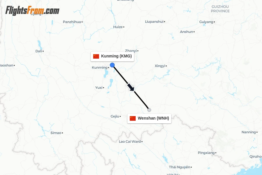 Flights from Kunming to Wenshan route map