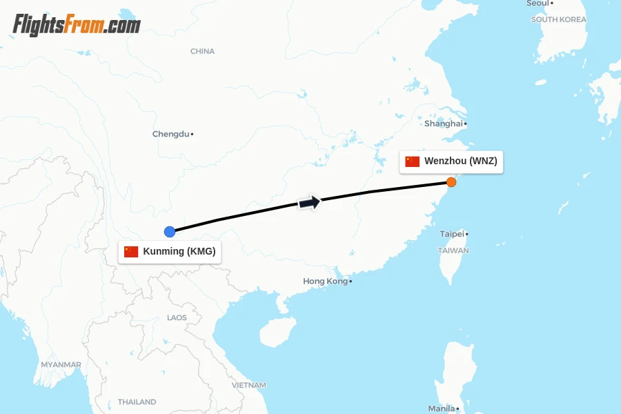 Flights from Kunming to Wenzhou route map