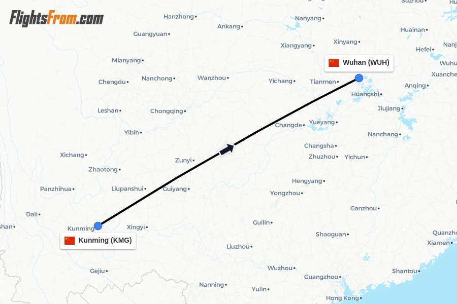 Flights from Kunming to Wuhan route map
