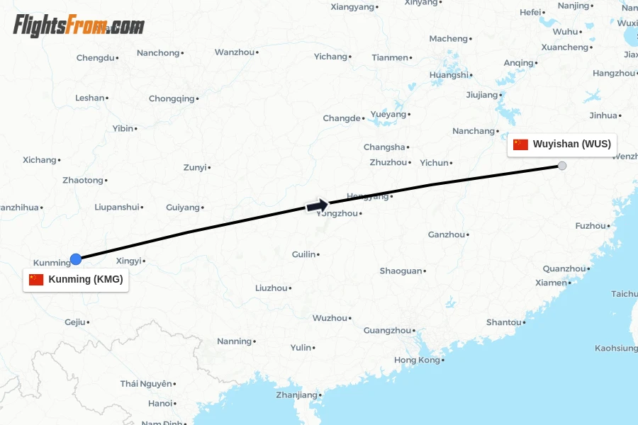 Flights from Kunming to Wuyishan route map
