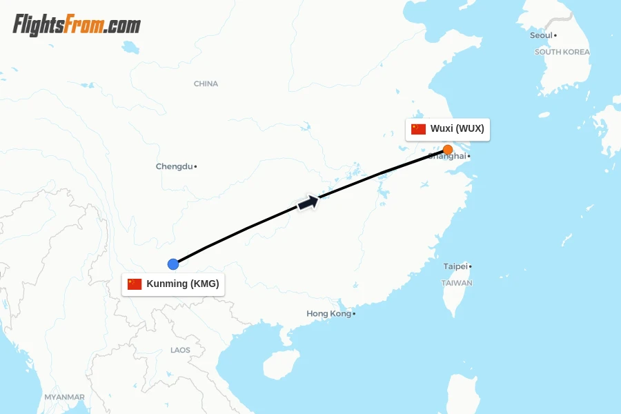 Flights from Kunming to Wuxi route map