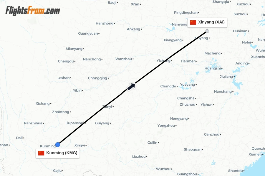 Flights from Kunming to Xinyang route map