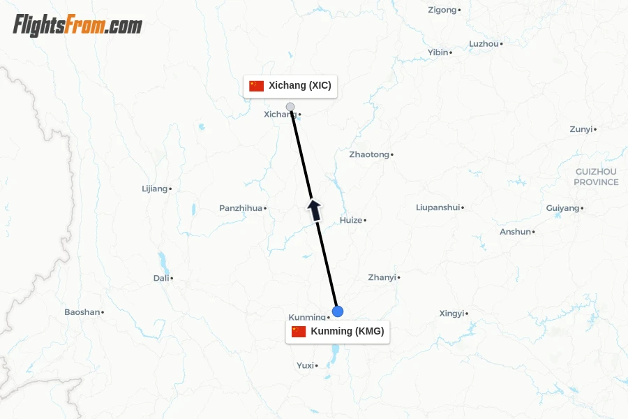 Flights from Kunming to Xichang route map