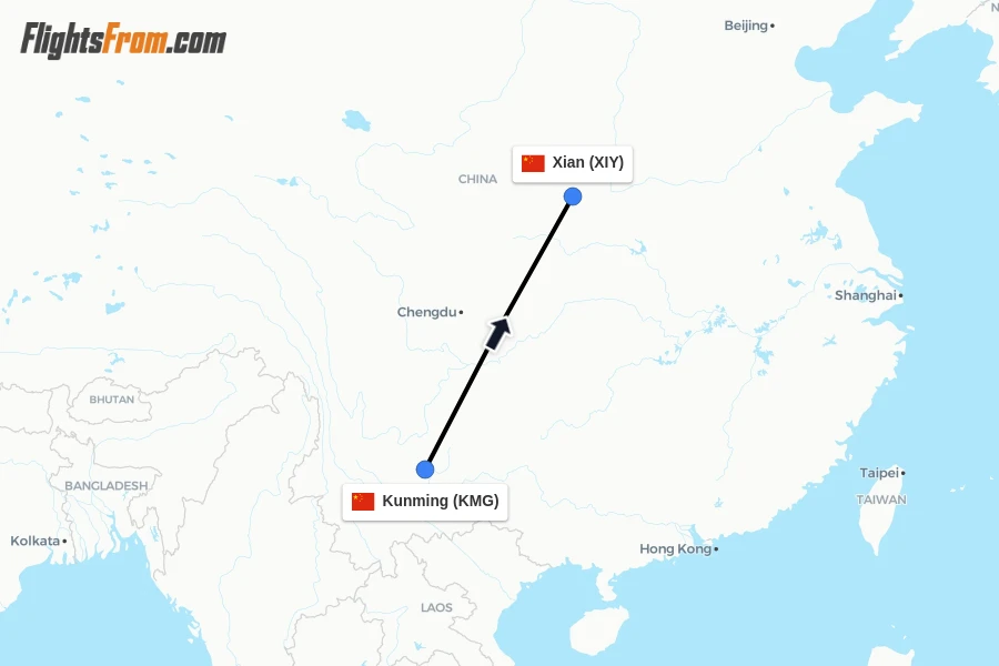 Flights from Kunming to Xian route map