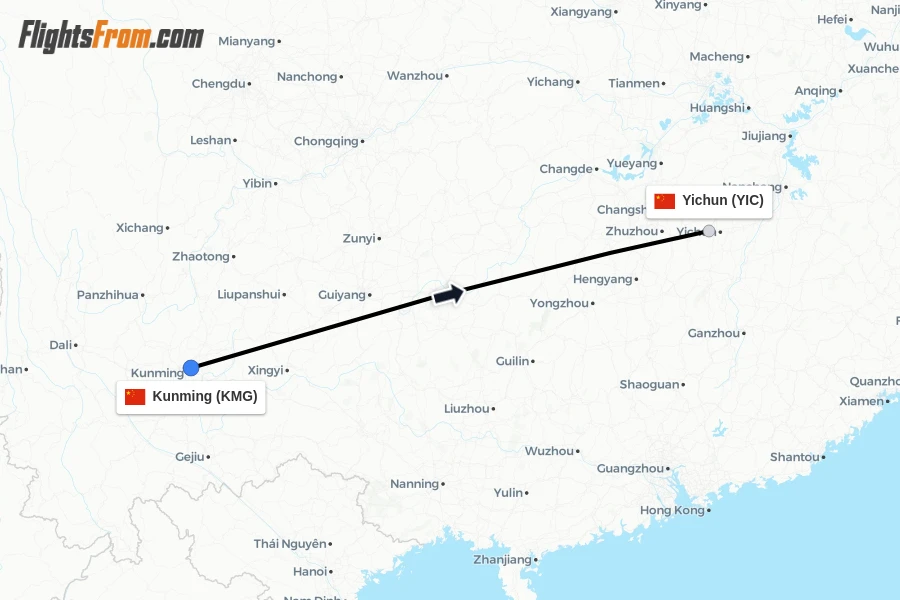 Flights from Kunming to Yichun route map