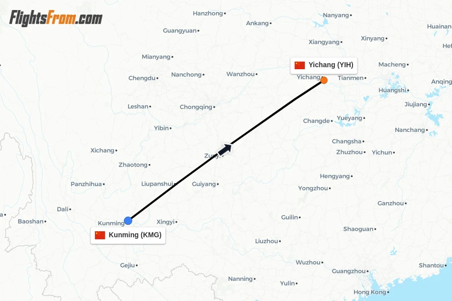 Flights from Kunming to Yichang route map