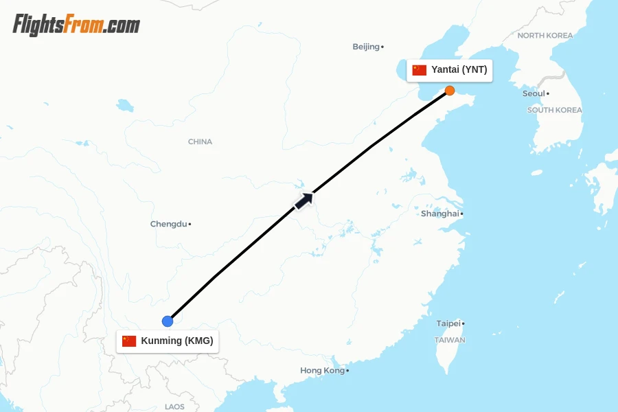 Flights from Kunming to Yantai route map