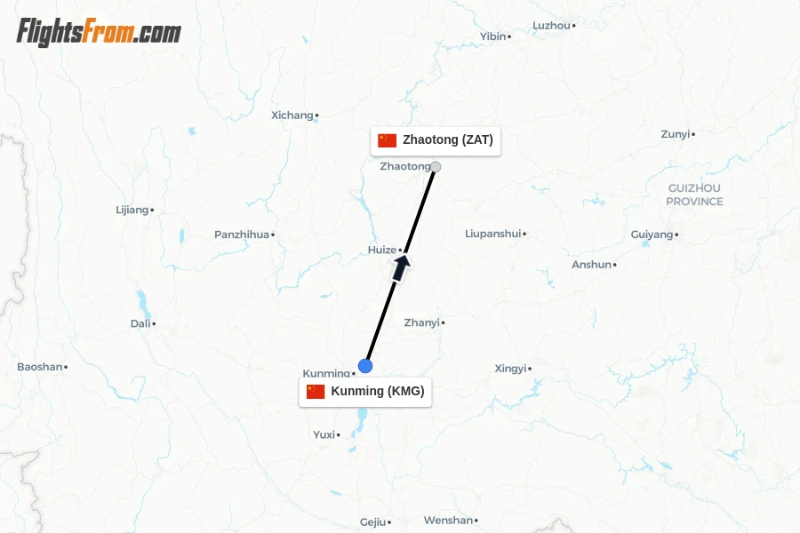 Flights from Kunming to Zhaotong route map