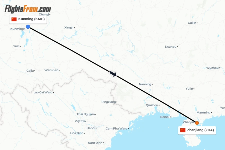 Flights from Kunming to Zhanjiang route map