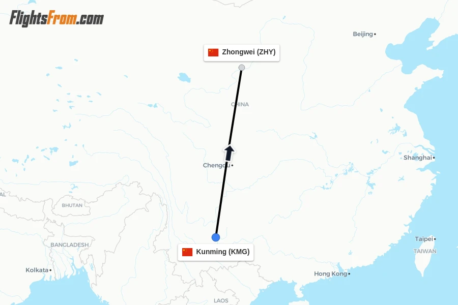 Flights from Kunming to Zhongwei route map