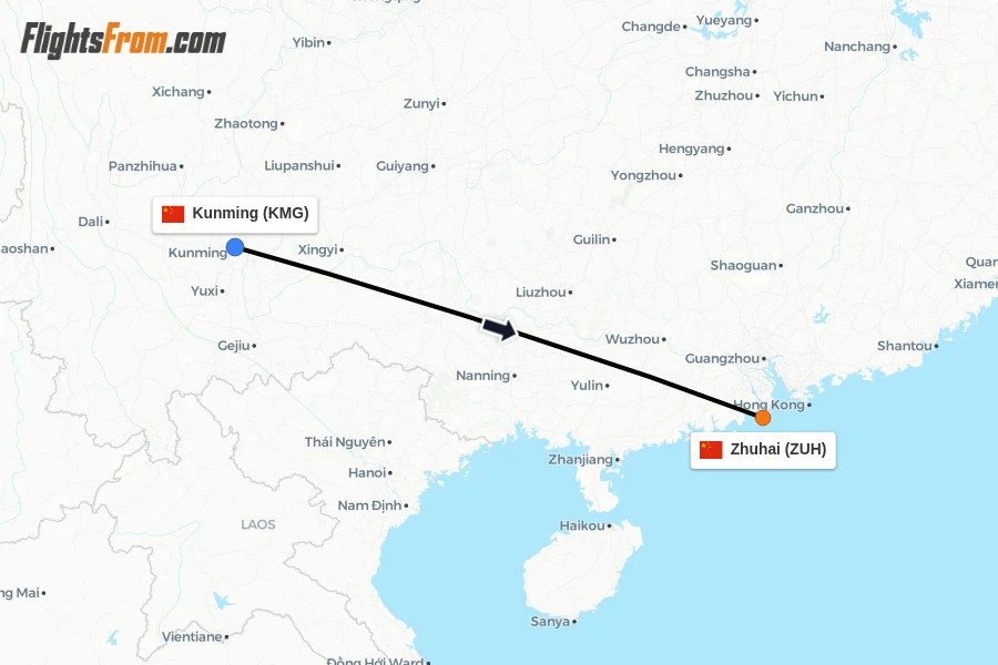 Flights from Kunming to Zhuhai route map