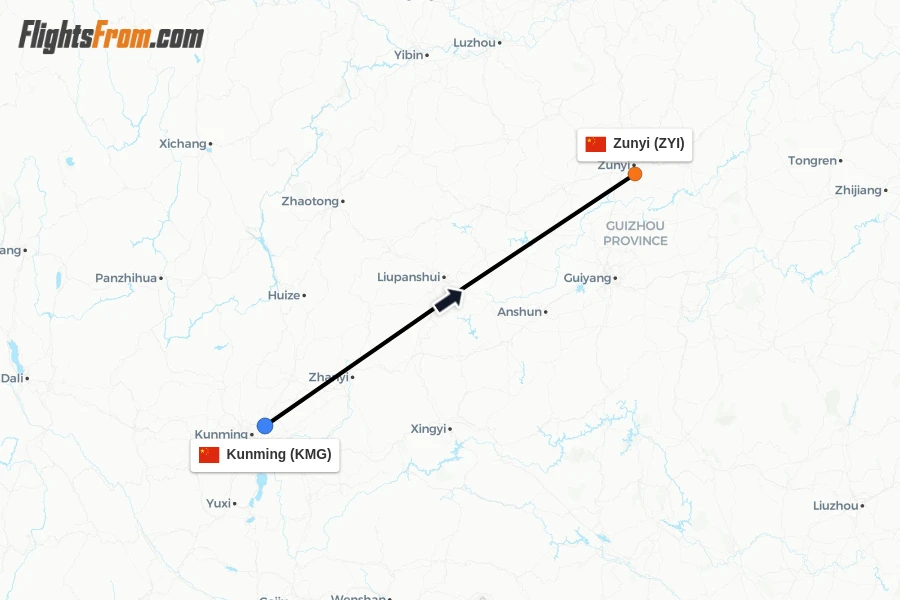 Flights from Kunming to Zunyi route map