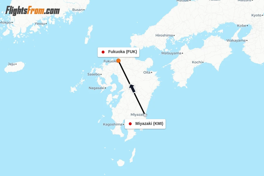 Flights from Miyazaki to Fukuoka route map