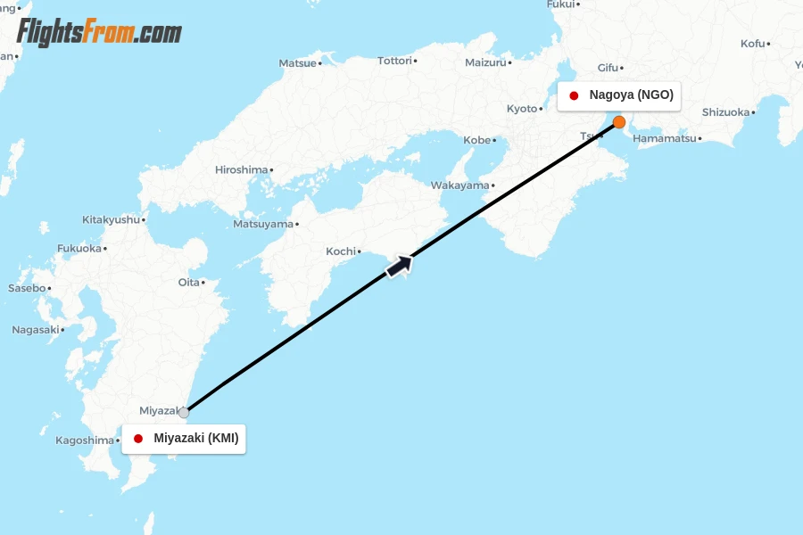Flights from Miyazaki to Nagoya route map