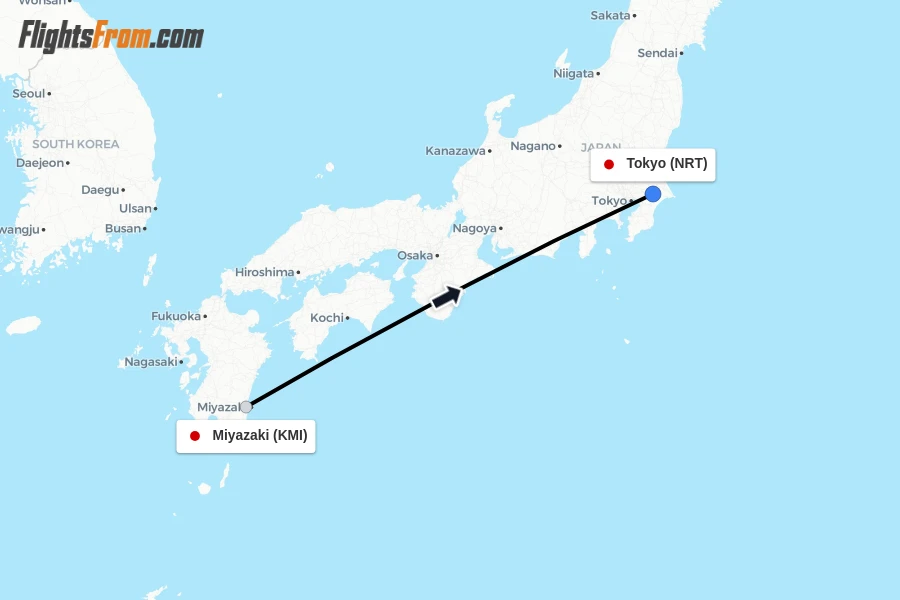 Flights from Miyazaki to Tokyo route map