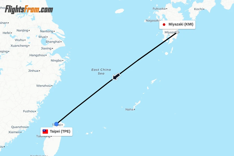 Flights from Miyazaki to Taipei route map
