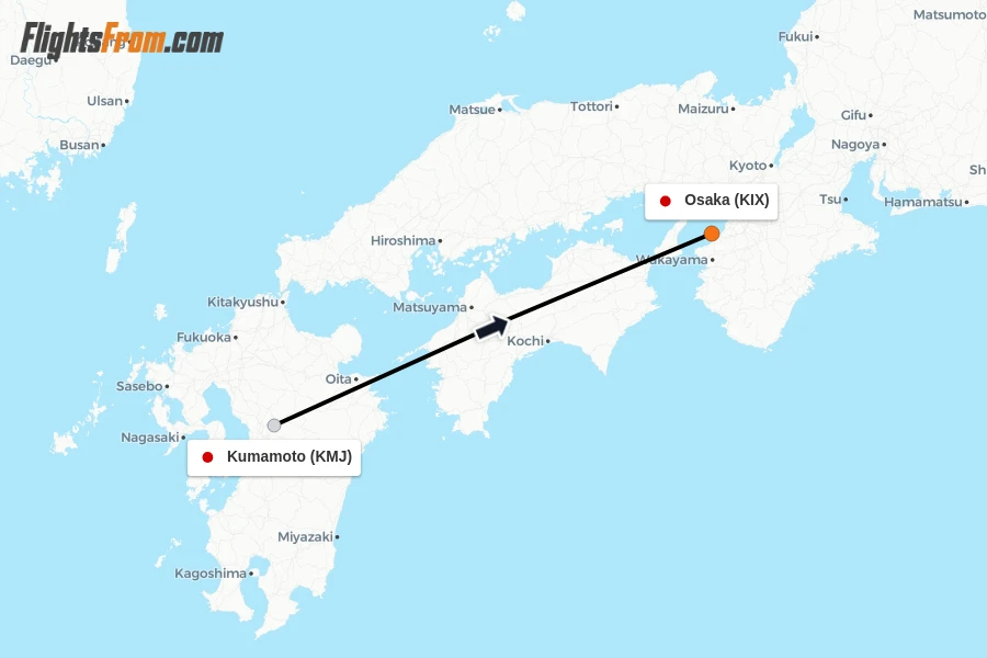 Flights from Kumamoto to Osaka route map