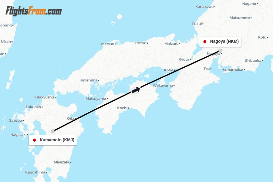 Flights from Kumamoto to Nagoya route map