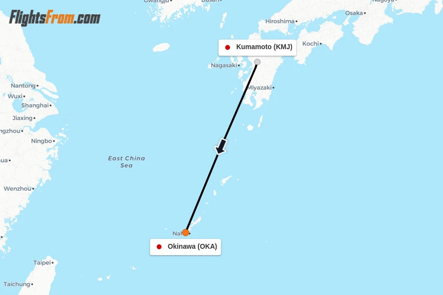 Flights from Kumamoto to Okinawa route map