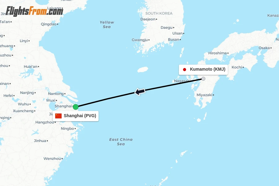 Flights from Kumamoto to Shanghai route map