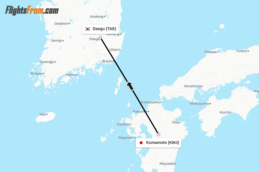 Flights from Kumamoto to Daegu route map