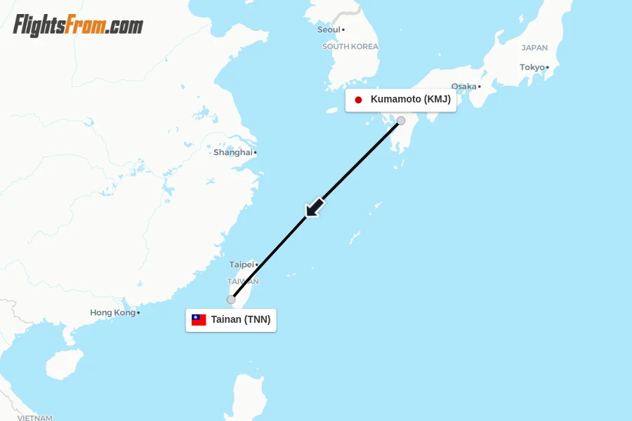 Flights from Kumamoto to Tainan route map