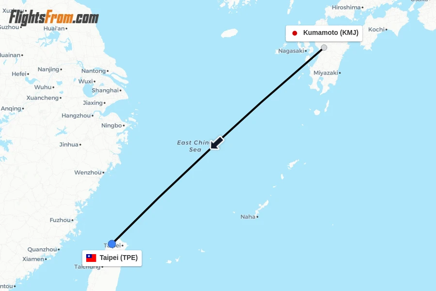 Flights from Kumamoto to Taipei route map