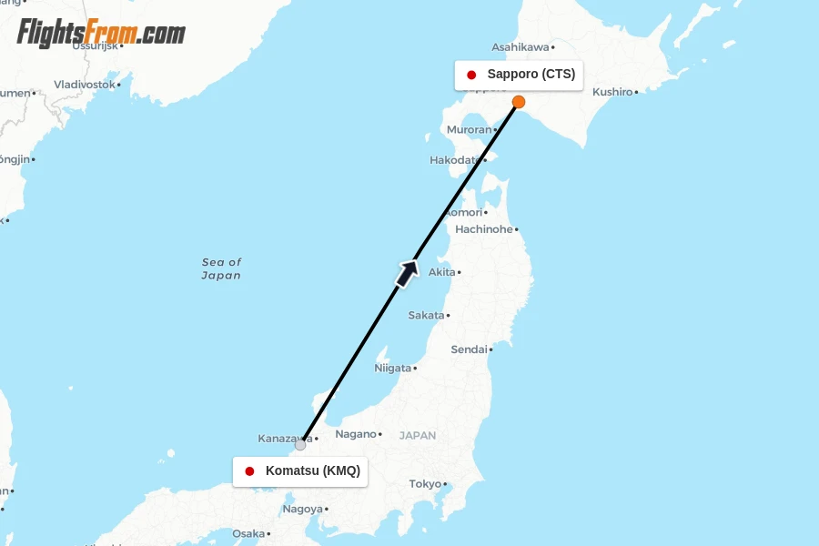 Flights from Komatsu to Sapporo route map